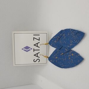 Satazi-handmade leather blue and gold feather earings.